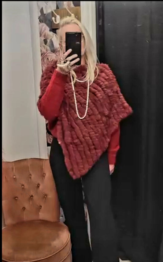 Poncho Fourrure Lapin Véritable Bordeaux