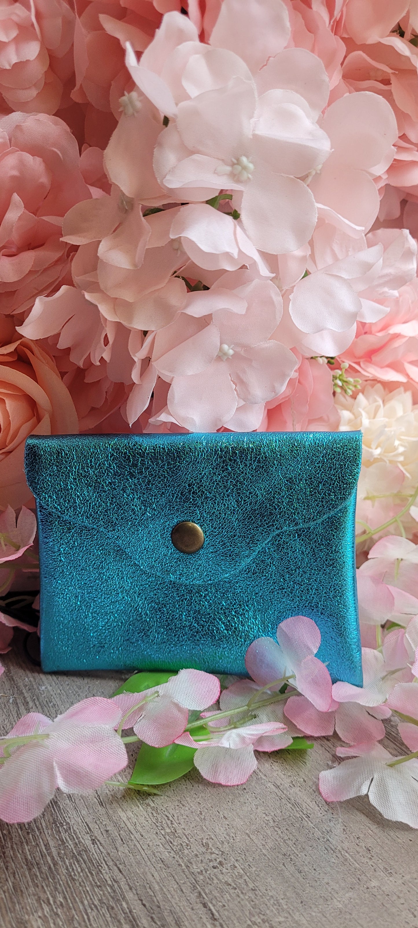 Porte-monnaie cuir véritable turquoise brillant