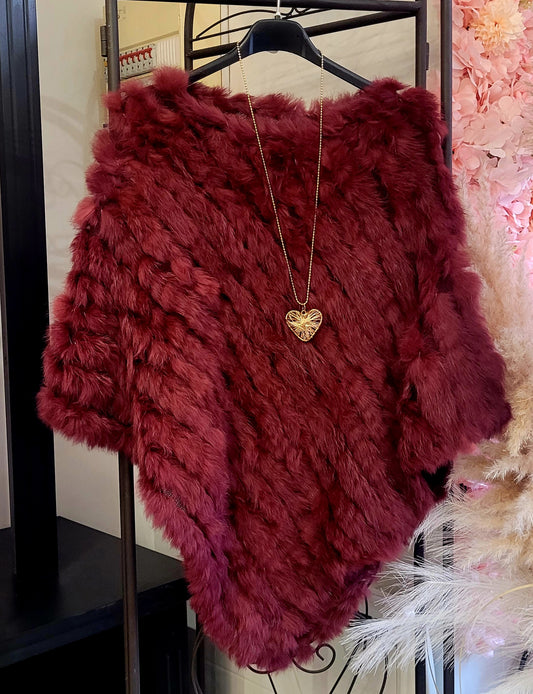 Poncho Fourrure Lapin Véritable Bordeaux